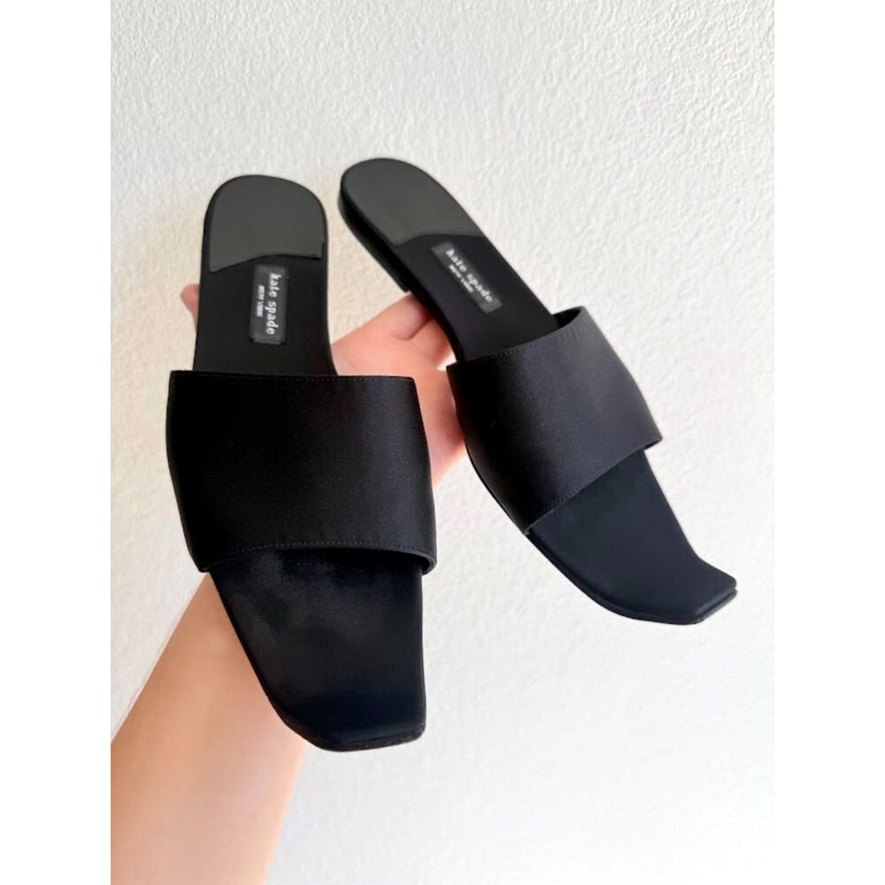 Vintage Kate Spade Black Satin & Leather Mule Sandals with Curled Toe size 6